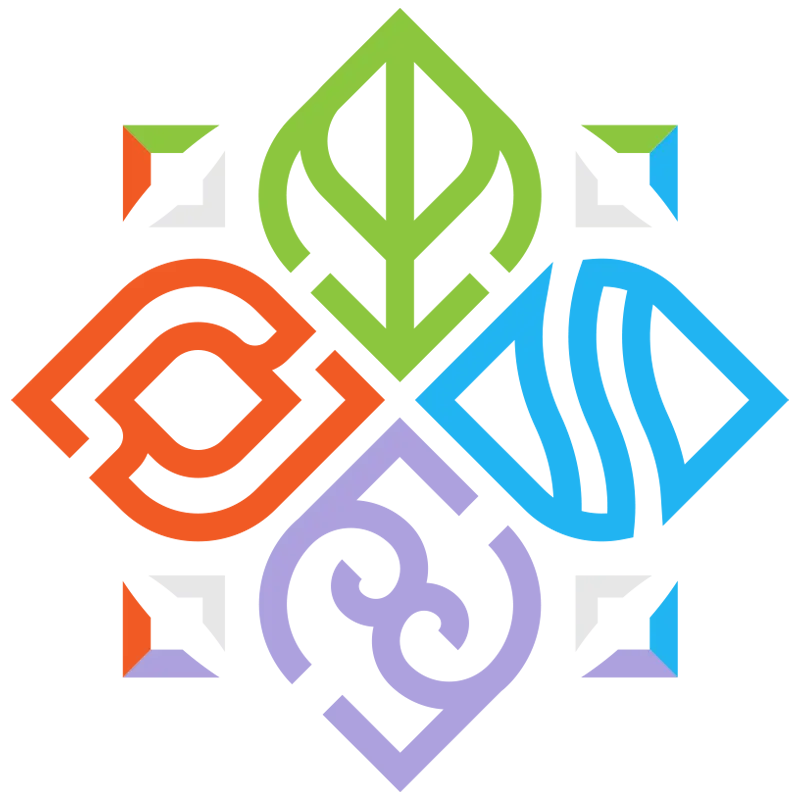 Vier farbige Symbole in Form von Feuer, Blatt, Wasser und Wind, die ein Quadrat bilden