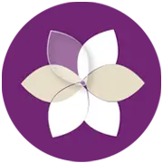 Fünf überlappende, stilisierte Blütenblätter auf rundem violettem Hintergrund