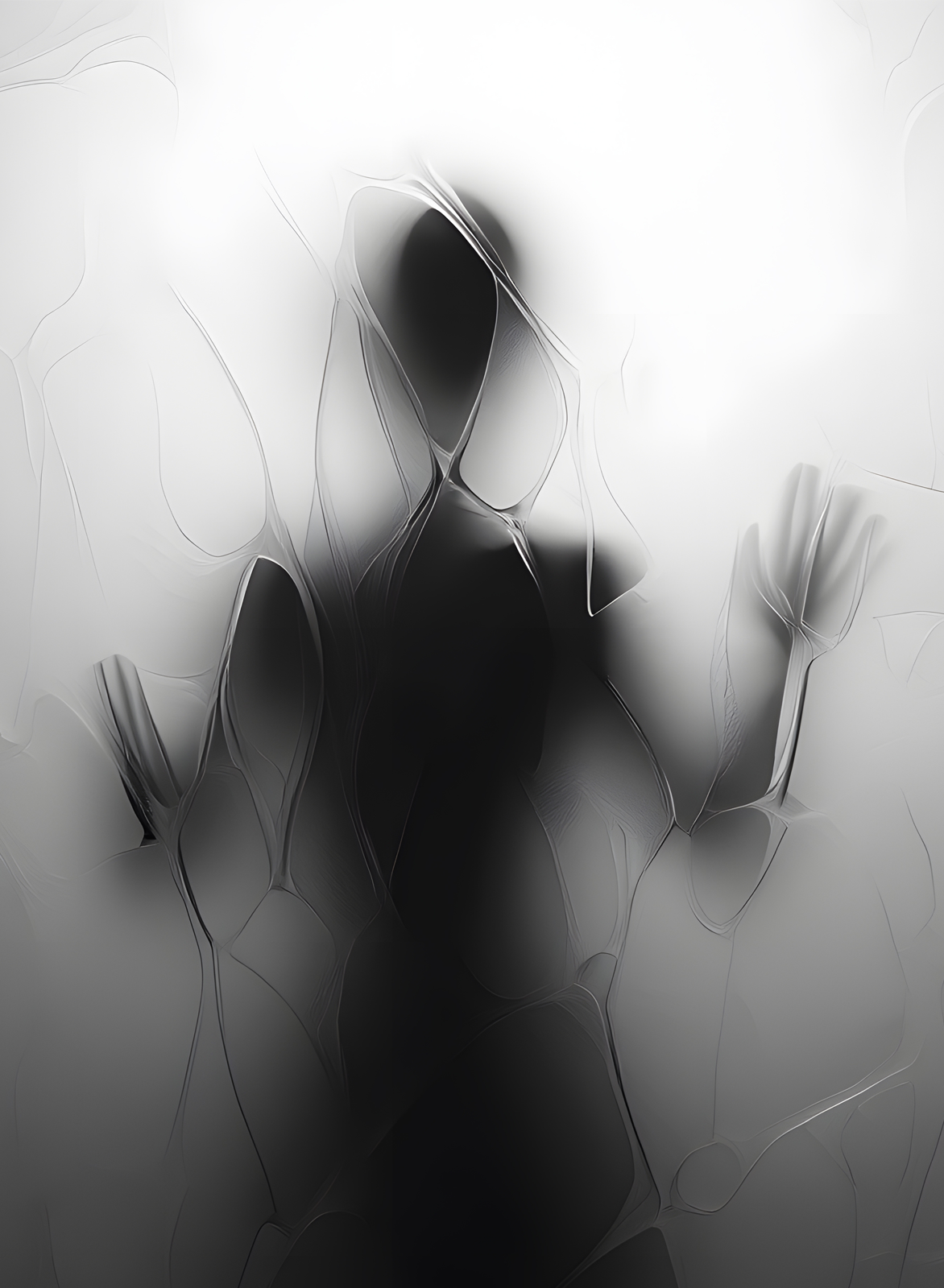 Unscharfe Silhouette einer stehenden Person hinter einer strukturierten, durchscheinenden Oberfläche