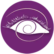 Schwarz-weißes Piktogramm eines Auges mit einer Spirale im Inneren auf violettem Hintergrund