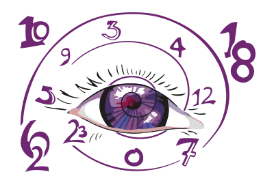 Nahaufnahme eines Auges mit umlaufender Uhrzeitskala von 1 bis 12