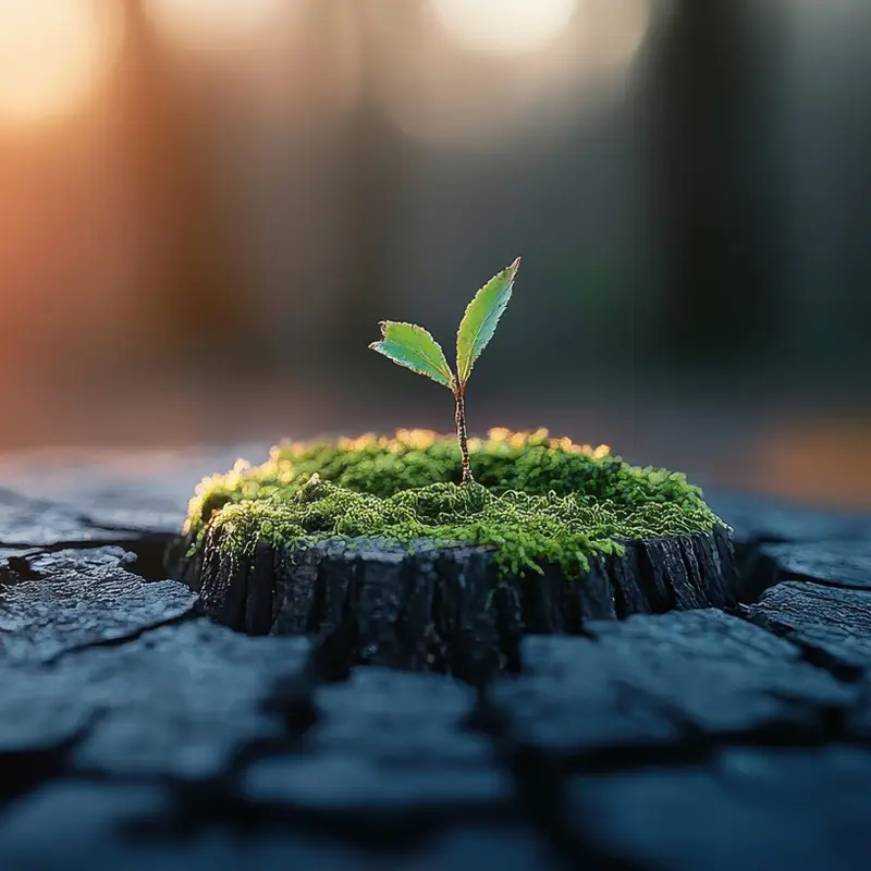 Kleiner grüner Keimling mit zwei Blättern wächst aus moosbedecktem Baumstumpf in unscharfer Umgebung