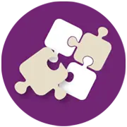 Vier ineinandergreifende Puzzleteile auf rundem violettem Hintergrund