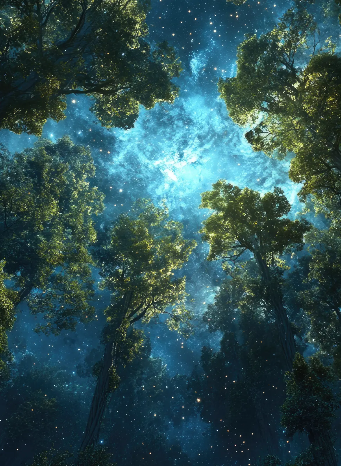 Sternenhimmel über hohen Bäumen mit dichtem Blätterdach