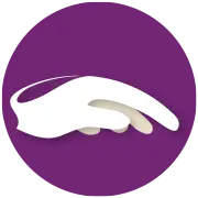 Schwarz-weißes Piktogramm einer Hand mit ausgestrecktem Zeige- und Mittelfinger vor lila rundem Hintergrund