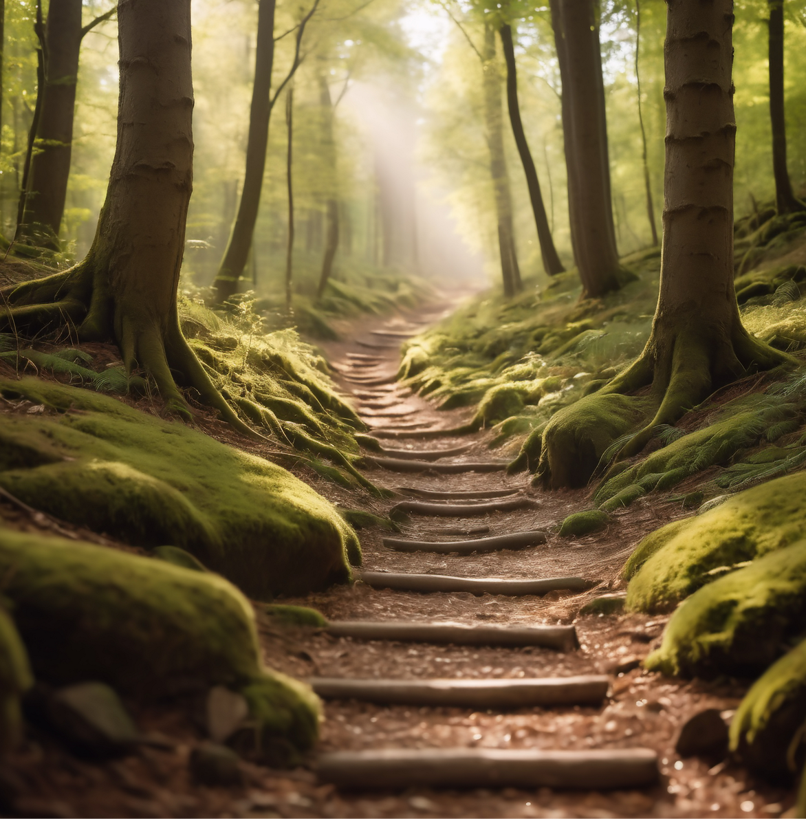 Waldweg mit moosbedecktem Boden und Baumstämmen, durch den Sonnenlichtstrahlen fallen