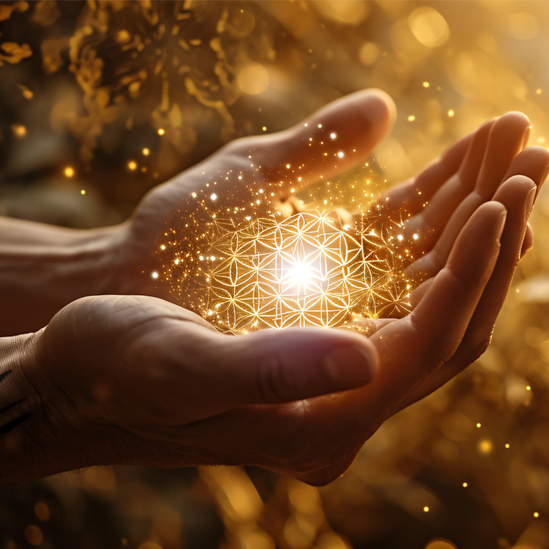 Zwei Hände halten ein leuchtendes, goldenes, geometrisches Muster mit Lichtpunkten