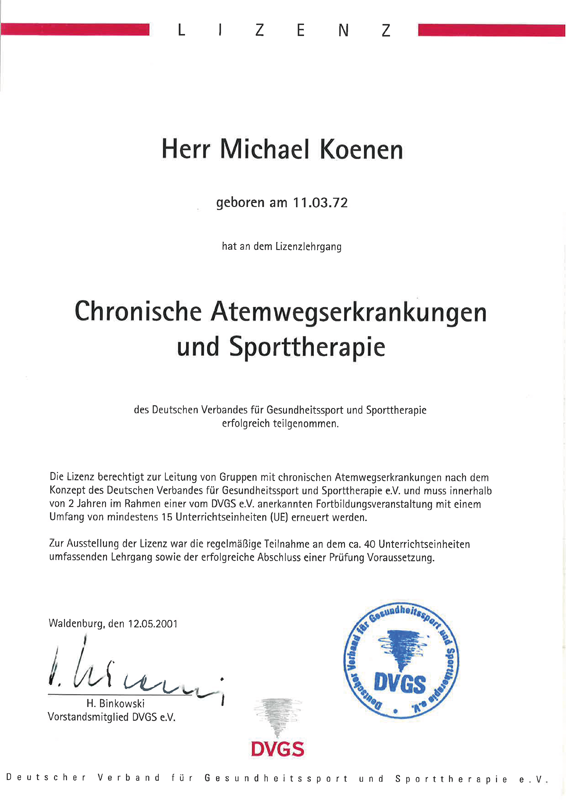 Lizenzurkunde für Herrn Michael Koenen über die Teilnahme an einem Lehrgang zu chronischen Atemwegserkrankungen und Sporttherapie mit Unterschrift und DVGS-Stempel.