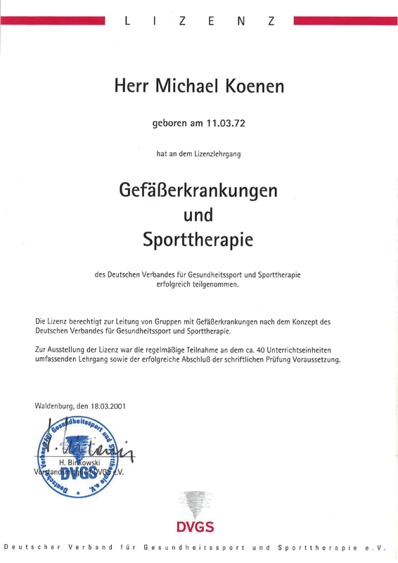 Urkunde mit dem Titel 'Lizenz' für Herrn Michael Koenen zur Leitung von Gruppen mit Gefäßerkrankungen und Sporttherapie