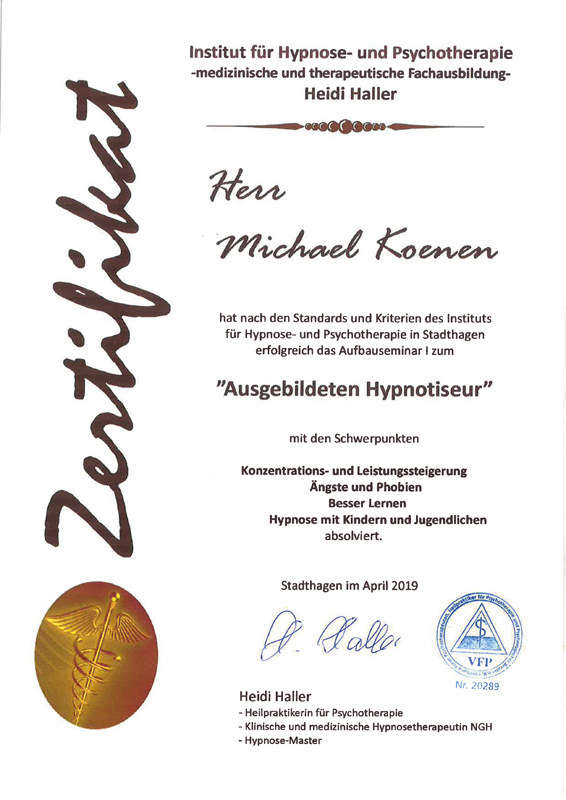 Zertifikat des Instituts für Hypnose- und Psychotherapie mit dem Namen Michael Koenen und Unterschrift von Heidi Haller
