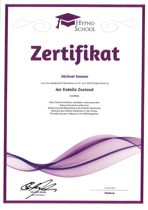Zertifikat der Hypno School für Michael Koenen über die erfolgreiche Teilnahme an einer Fachfortbildung zum Esdaile Zustand