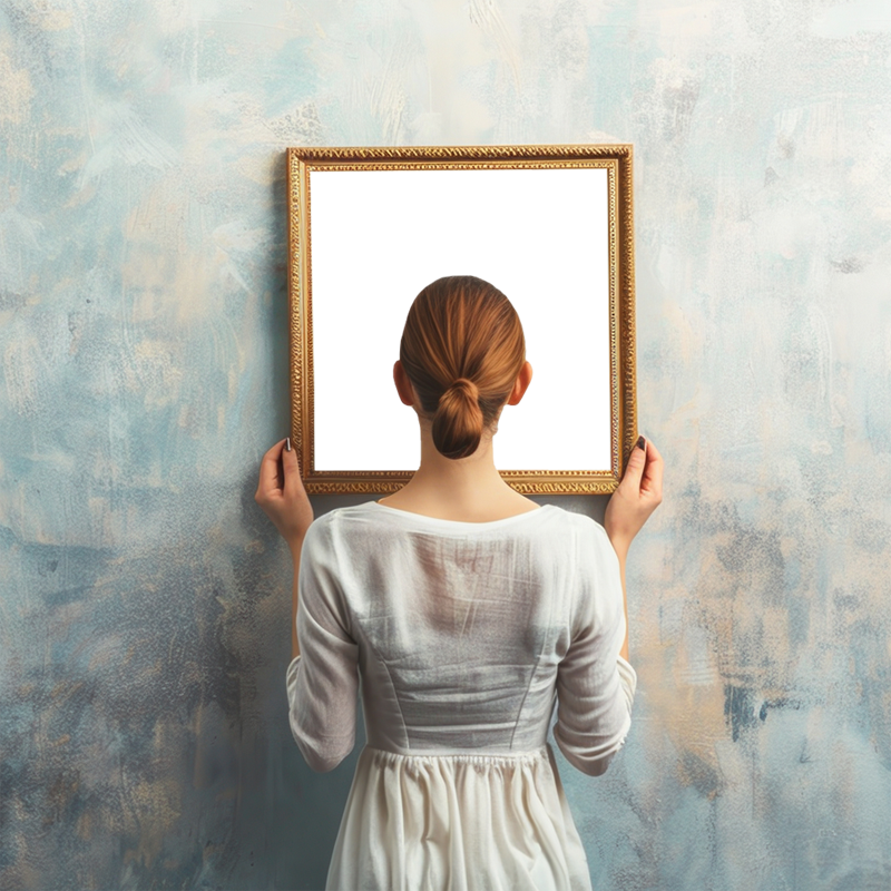 Frau mit zusammengebundenem Haar und weißem Kleid hält einen leeren goldgerahmten Bilderrahmenand