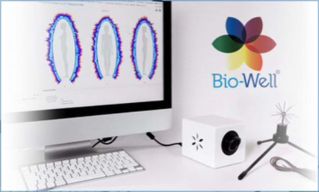 Computerbildschirm mit drei ovalen, farbigen Diagrammen, daneben das bunte Bio-Well-Logo und ein weißes Messgerät mit Kabeln