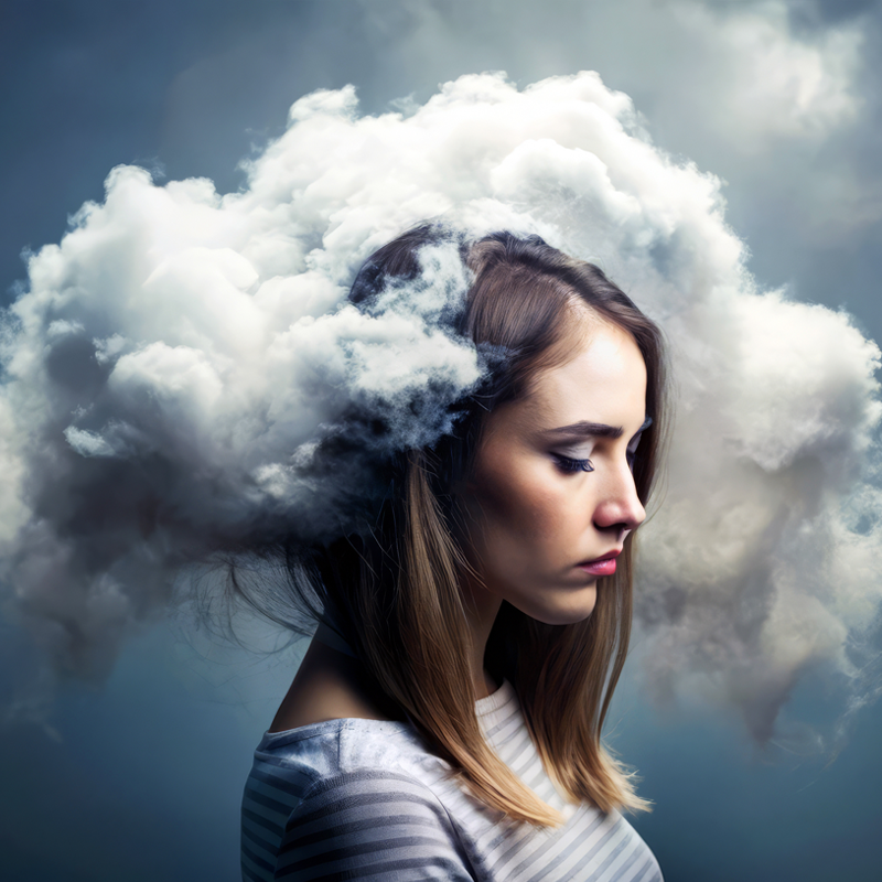 Frau mit schulterlangem Haar und gestreiftem Oberteil, umgeben von einer großen Wolke, die ihren Kopf umgibt