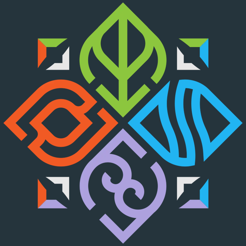 Vier farbige Symbole in Form von Feuer, Blatt, Wasser und Wind, die ein Quadrat bilden