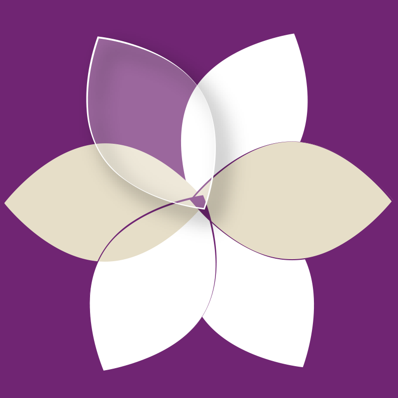 Fünf überlappende, abgerundete Blattformen in Weiß und Beige auf violettem Hintergrund