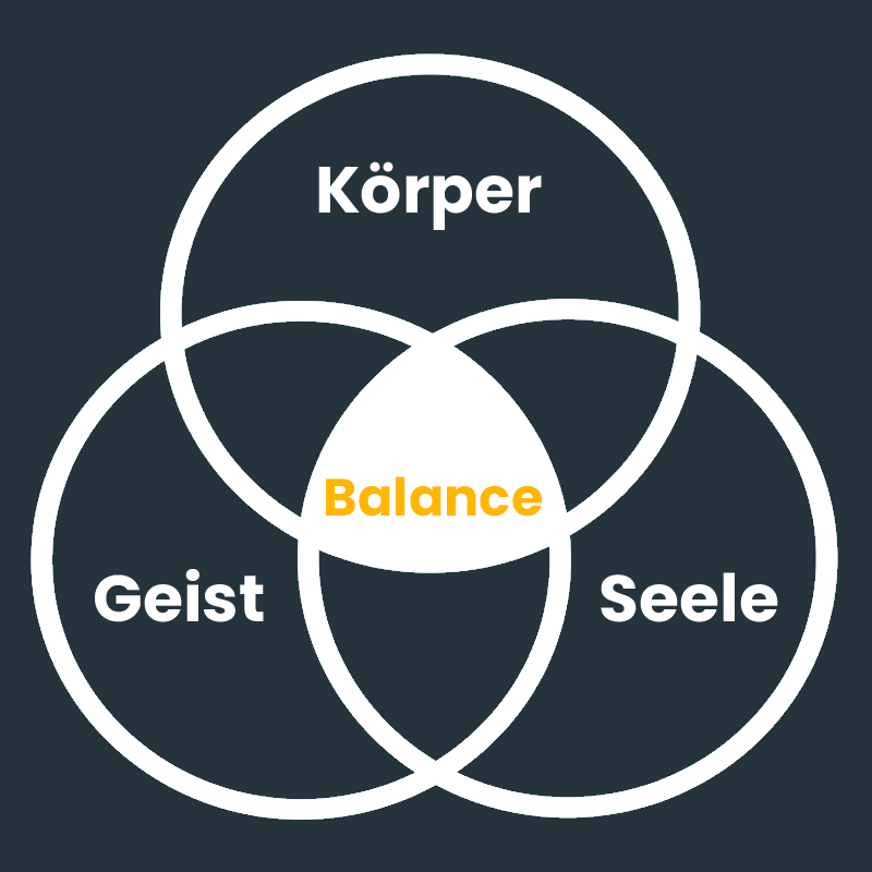 Drei sich überschneidende Kreise mit den Beschriftungen Körper, Geist und Seele, im Schnittpunkt das Wort Balance