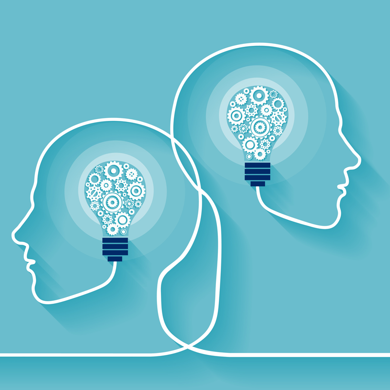 Zwei stilisierte menschliche Köpfe in Seitenansicht, verbunden durch eine Linie, mit Glühbirnen aus Zahnrädern im Inneren