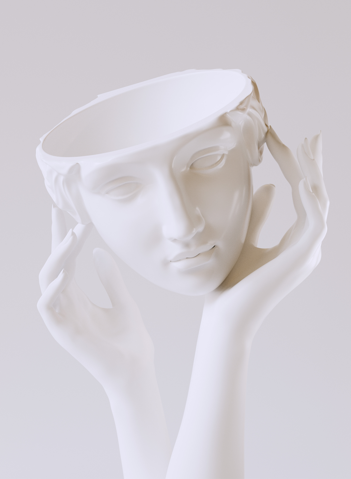 Zwei weiße Hände halten eine weiße, offene, mit Gesicht versehene Schale vor hellem Hintergrund