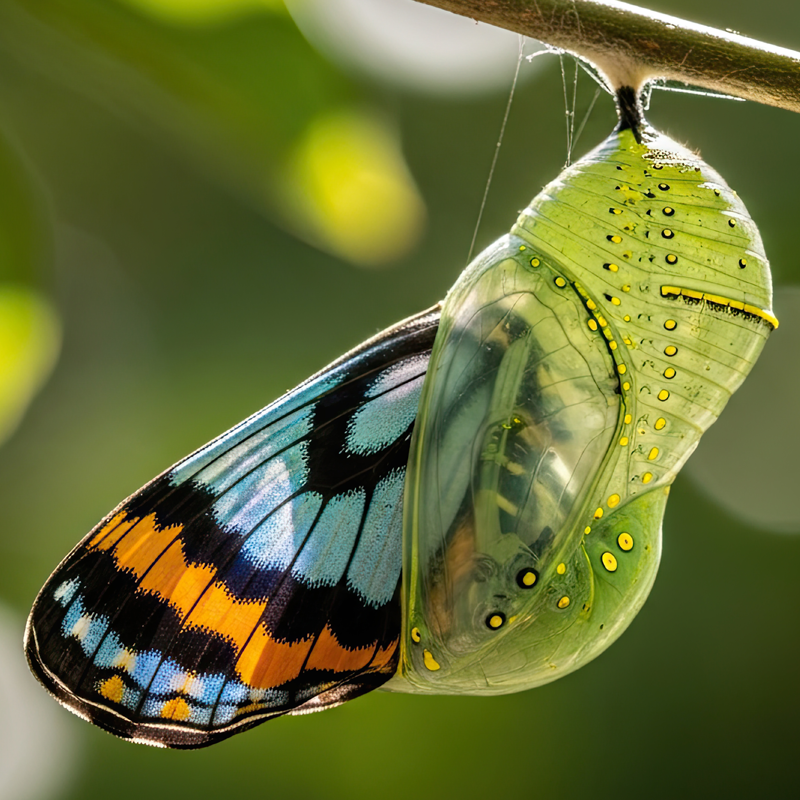 Schmetterling mit bunten Flügeln schlüpft aus grünlicher Puppe, die an einem Ast hängt